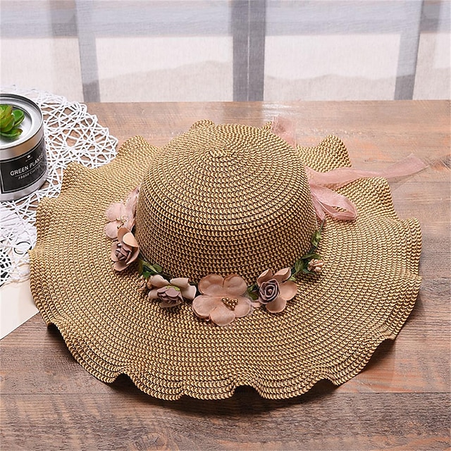  Women's Hat Sun Hat Portable Sun Protection Outdoor Holiday Beach Flower Pure Color