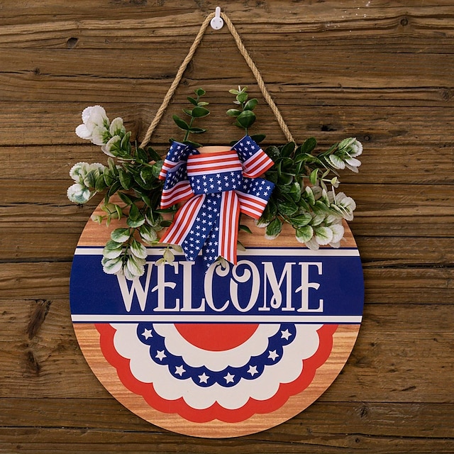  Patriotyczny znak powitalny z okazji Dnia Niepodległości: amerykańska tablica dekoracyjna na werandzie z okazji Dnia Pamięci, 4 lipca, Dzień Pamięci - wystrój wieszaka na drzwi z flagą USA