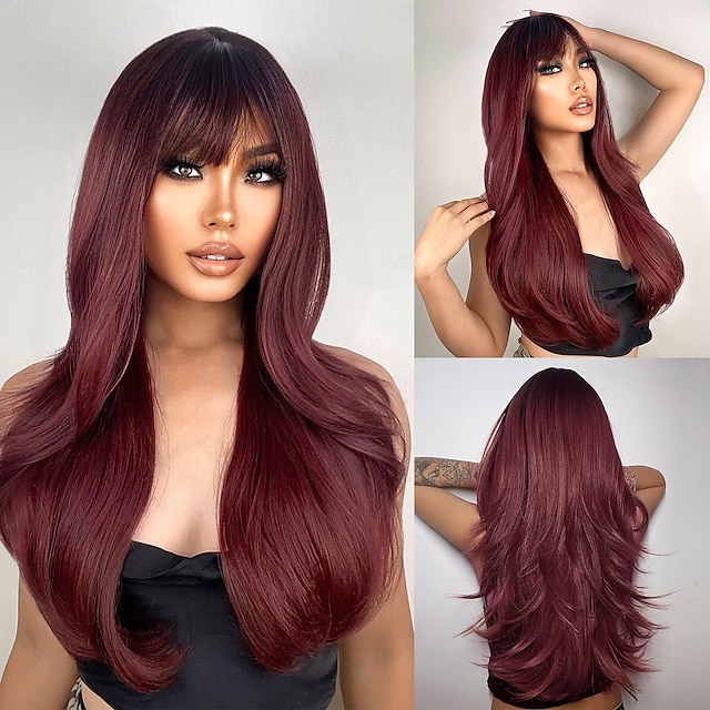  Burgundy Wigs with Bangs Wine Red Wigs for Women Long Layered Wigs with Dark Roots Synthetic Heat Resistant Wigs for Daily Party Use