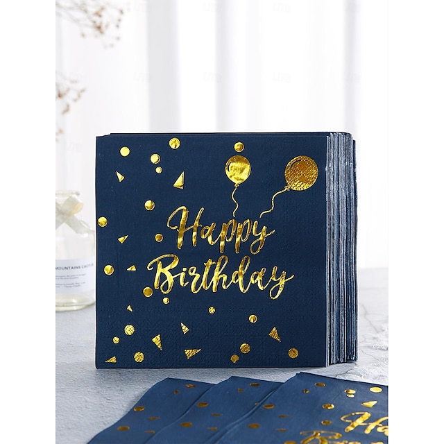  24 pieces/set of gold balloons happy birthday disposable napkins 13*13-inch 2-story yellow gold foil disposable napkins with dark blue background elegant party napkins metal gold polka dot foil d