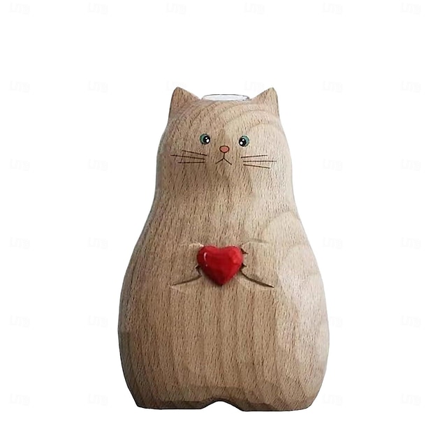  猫の像 花瓶 手作り 模造木 装飾 モダン ミニマリスト ハート 花瓶 背の高い 家庭用 テーブル 棚 リビングルーム オフィス用