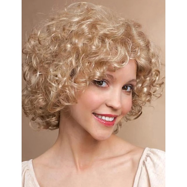  Wig Natural Wave Asymmetrical With Bangs Wig Short Light Blonde Synthetic Hair Women's Classic Blonde Blonde Short Blonde Curly with Bangs Full Bouncy Curly Wigs