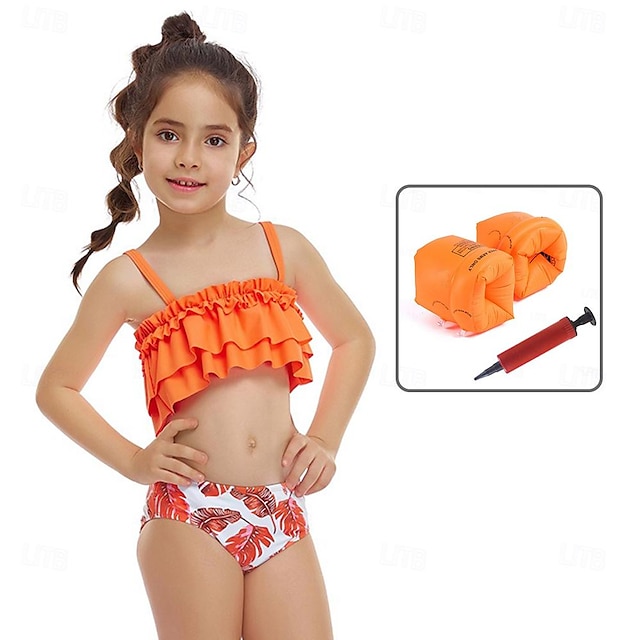  Traje de baño para niñas, trajes de baño con estampado para exteriores, 2-12 años, verano, color naranja, rosa con flotador en el brazo& bomba