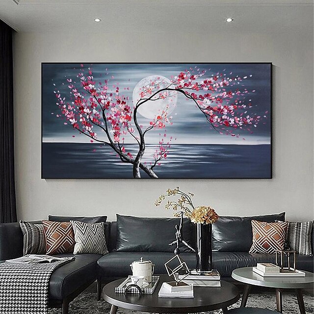  Handmade Oil Painting Canvas Wall Art Decoration Moon Rises Over Sea Plum Blossom Flowers for Home Decor Rolled Frameless Unstretched Painting