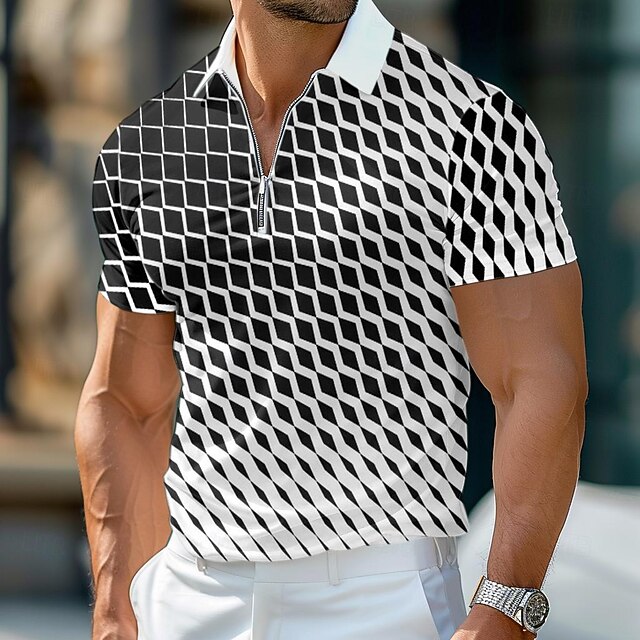 Men's Geometric Hawaiian Polo Shirts Golf Shirt Short Sleeve Polo Shirts Collared Shirts Casual Beach Wear Vacation Wear Party Outfits 3D Print Quarter Zip Polo Summer Spring White4