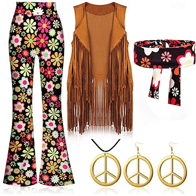 7 Pcs 60s 70s Outfits for Women Hippie Costume Set Boho Flared Pants Fringe Vest Peace Sign Accessories Set