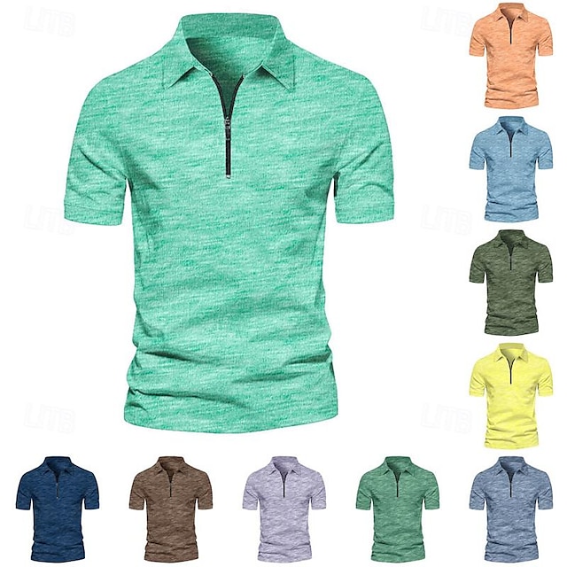 Men's Quarter Zip Polo Golf Shirt Daily Holiday Lapel Short Sleeve Fashion Basic Plain Spring & Summer Regular Fit Yellow Light Green Navy Blue Blue Orange Brown Quarter Zip Polo