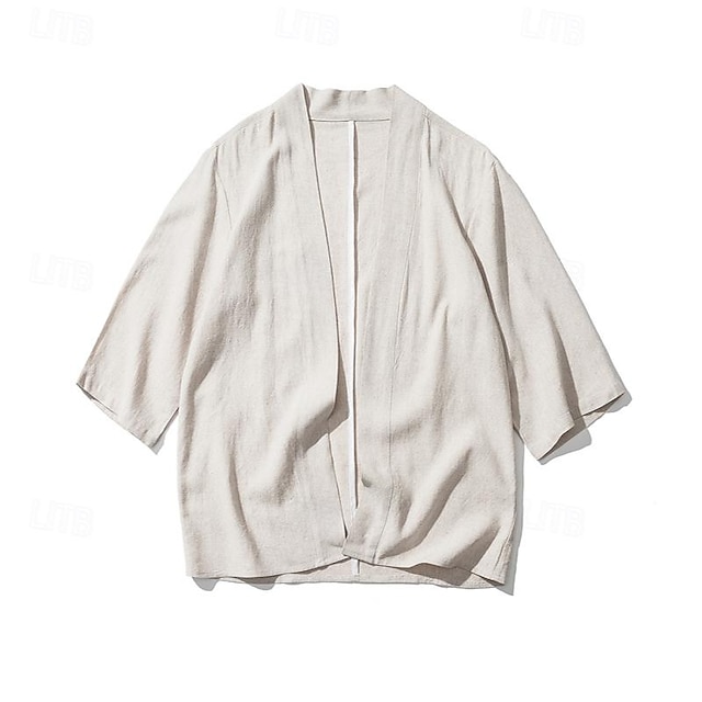  Men's Shirt Cotton Linen Shirt Casual Shirt Wine Dark Grey Army Green 3/4 Length Sleeve Plain Stand Collar Summer Casual Daily Clothing Apparel