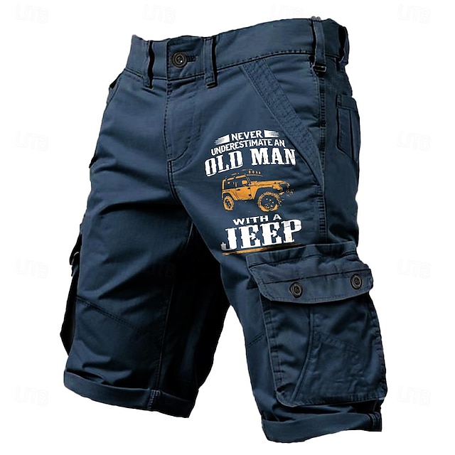  Shorts cargo masculino com múltiplos bolsos, letras impressas para homens velhos, esportes curtos ao ar livre, shorts micro-elásticos clássicos