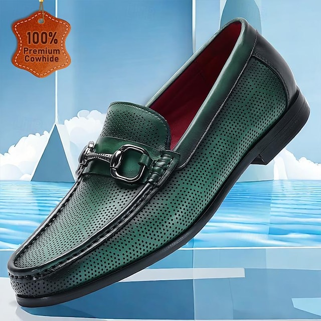  Men's Loafers Perforated Green Leather Silver Horsebit