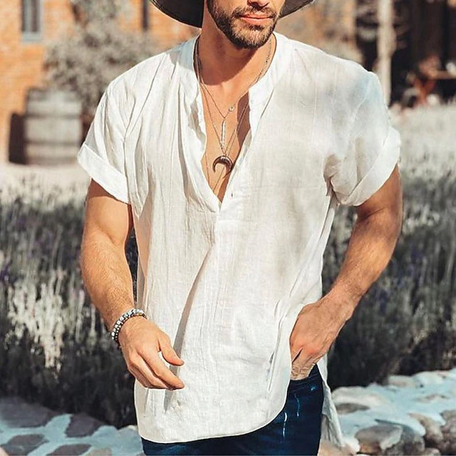 Men's Shirt Linen Shirt Casual Shirt Beach Shirt Plain Vacation Street Black White Gray Short Sleeve Band Collar Summer Clothing Apparel Button-Down4
