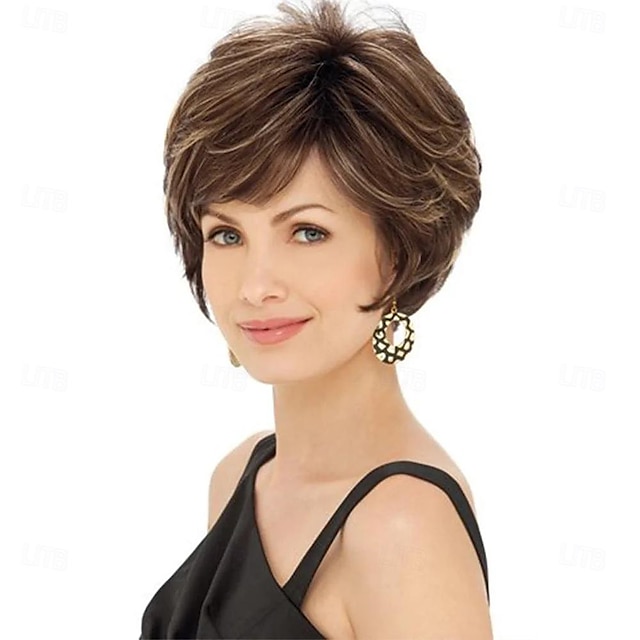  Wig Asymmetrical With Bangs Wig Short Dark Brown Synthetic Hair Women's Classic Brown Highlights Brown Mixed Blonde with Bangs Womens Wigs