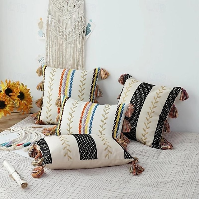  Хлопковый чехол для подушки в богемном стиле с кисточкой, серия с цветочными листьями, пасторальный стиль кантри, 1 шт.