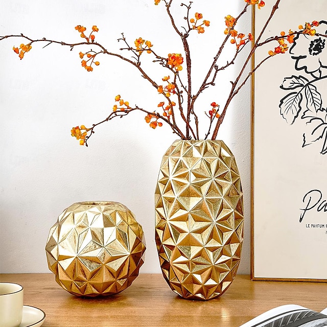  vase med geometrisk diamantmønster med gull- og sølvfolie, harpiksmateriale med origami-tekstur, ideell for hjemmeinnredning, utstillingsvisning, myke møbler i modellrom og blomsteroppsatser