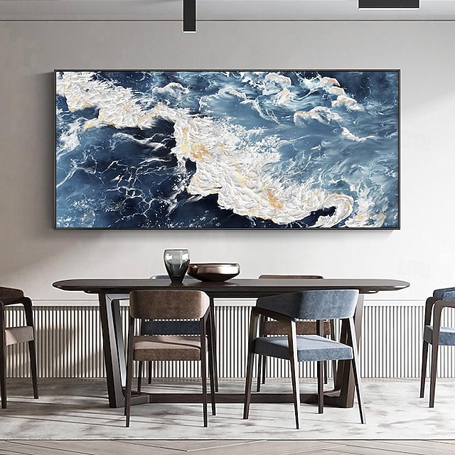  stort håndmalt sjølerret oljemaleri håndlaget blått hav landskap abstrakt maleri håndmalt hvitt bølgemaleri teksturert havmaleri mor gave til stueinnredning