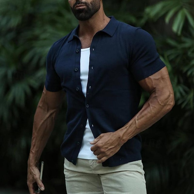  男性用 シャツ ボタンアップシャツ カジュアルシャツ サマーシャツ ビーチシャツ ネイビーブルー 半袖 平織り ラペル ハワイアン 祝日 衣類 ファッション カジュアル 快適