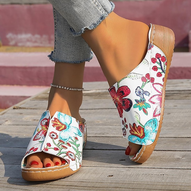  Pentru femei Sandale Papuci de plajă Pantofi de confort Zilnic Plajă Desene Animate Flori Platformă Pană Pantofi vârf deschis Punk minimalism Plimbare Piele de Căprioară Loafer Alb / Albastru Alb și