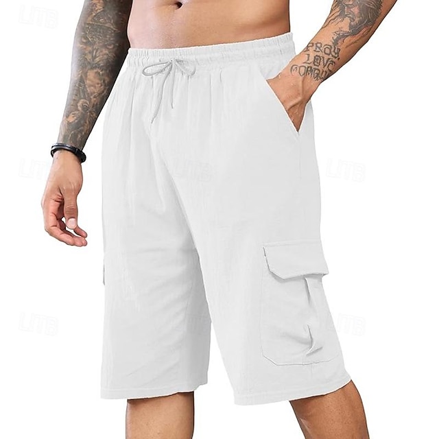  Men's Linen Shorts Summer Shorts Beach Shorts Drawstring Elastic Waist Multi Pocket Plain Comfort Breathable Knee Length Holiday Vacation Beach Hawaiian Boho Black White