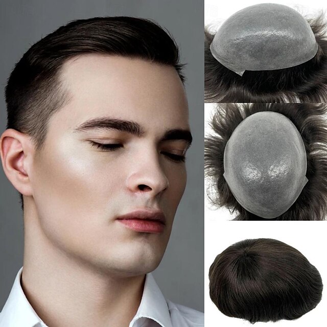 Men Toupee 100 Human Hair Thin Skin Base Pu Poly Toupee Hair For Men 8x10 Inch Dark Brown Human 1940