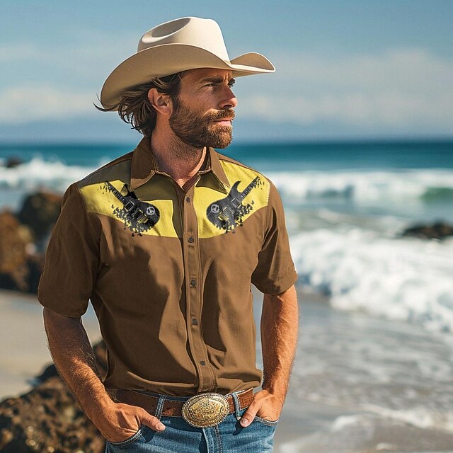 Men's Guitar Shirt Western Shirt Cowboy Shirt Short Sleeve Vintage Outdoor Summer Spring Turndown Brown4