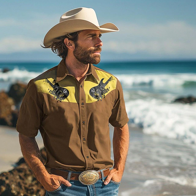 Men's Guitar Shirt Western Shirt Cowboy Shirt Short Sleeve Vintage Outdoor Summer Spring Turndown Brown4