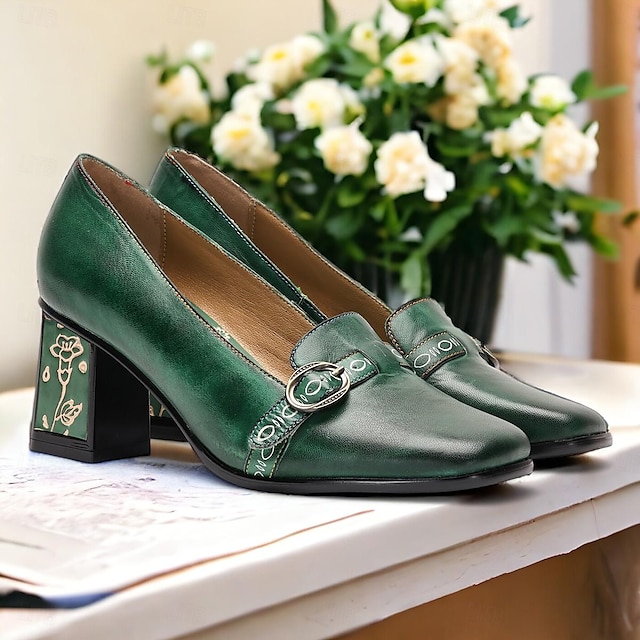  Γυναικεία Γόβες Vintage παπούτσια Χειροποίητα Παπούτσια Vintage παπούτσια Γάμου Πάρτι Ημέρα του Αγίου Βαλεντίνου Φλοράλ Αποκλείστε τη φτέρνα Τακούνι φαντασίας Κομψό Βίντατζ Δέρμα Μοκασίνια Πράσινο