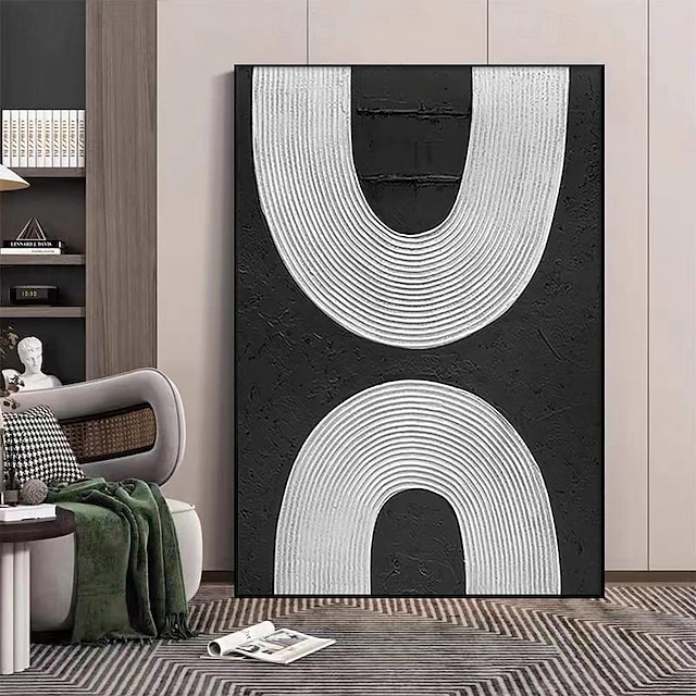  צבוע ביד בשחור אבסטרקטי מודרני & לבן מינימליסטי ציור אמנות קיר יצירות אמנות קווים שחורים ציורי סכין במרקם עיצוב בית לסלון ללא מסגרת