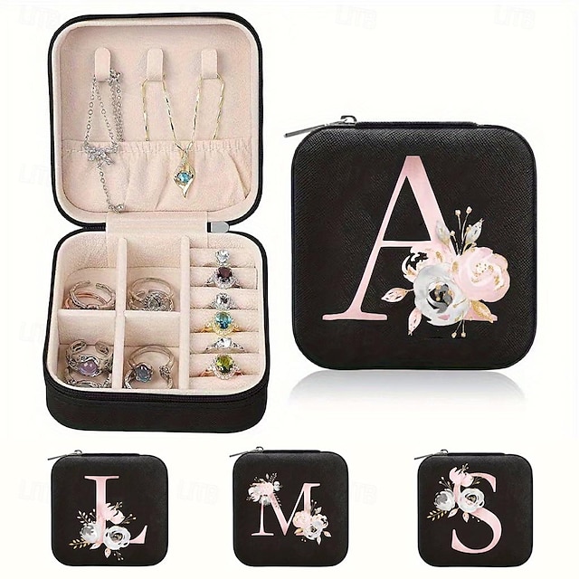  Jewelry Storage Box - Featuring Letter and Floral Patterns, Ideal for Rings, Necklaces, Earrings, and Ear Studs, Lightweight and Compact Travel Organizer