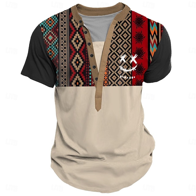  Smile Face  Men's Ethnic Style 3D Print T shirt Tee Henley Shirt Casual Daily T shirt Black Khaki Short Sleeve Henley Shirt Summer Clothing Apparel S M L XL XXL 3XL