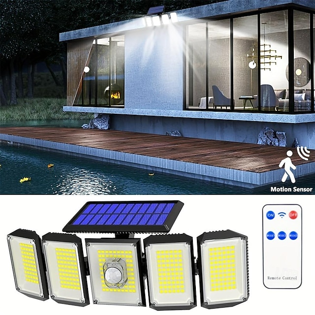  مصابيح تعمل بالطاقة الشمسية، مستشعر حركة خارجي، 300 مصباح LED، 5 رؤوس تعمل بالطاقة الشمسية، مستشعر حركة يعمل بالطاقة الشمسية، مع جهاز تحكم عن بعد، من الغسق إلى الفجر، مصابيح حائط أمان تعمل بالطاقة