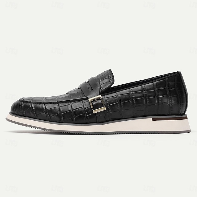  Herren Halbschuhe Leder schwarz braun Krokoprägung Metallschnalle