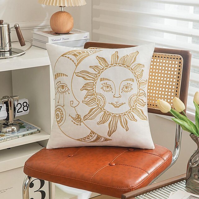 Decorative Toss Embroidery Pillows Cover 1PC Sun and Moon Soft Square Cushion Case Pillowcase for Bedroom Livingroom Sofa Couch Chair