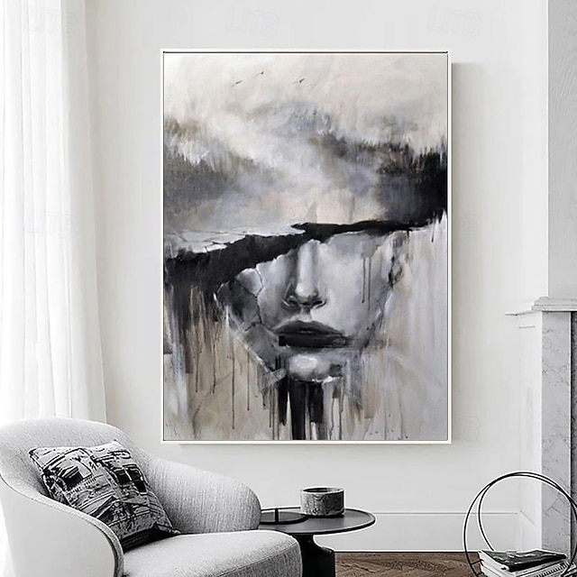  Pintado a mano, arte blanco y negro, chica, mujer, pintura al óleo abstracta moderna sobre lienzo para decoración de sala de estar, pinturas de pared (sin marco)