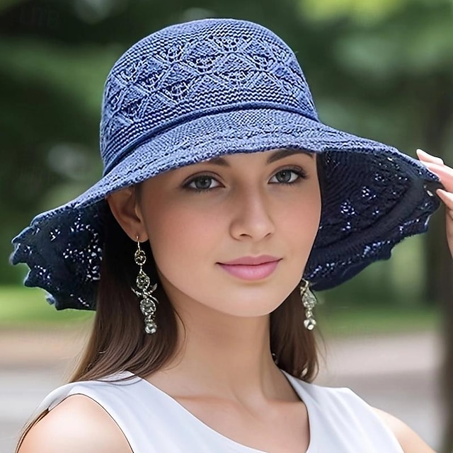  Sombrero de paja de ala ancha para mujer, sombrero de playa flexible con lazo, sombrero de verano con protección UV, visera plegable para viajes al aire libre