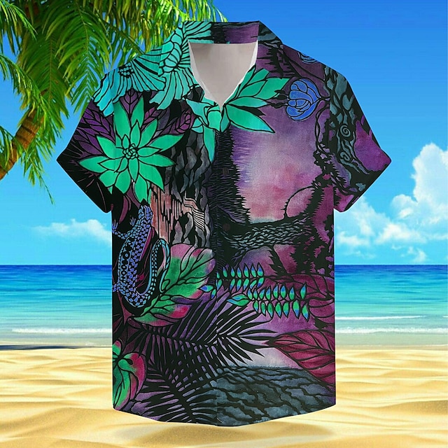  ورد النباتات العطلة ستايل هاواي رجالي قميص الأماكن المفتوحة ستايل هاواي مناسب للعطلات الصيف طوي كم قصير أحمر أخضر S M L قميص
