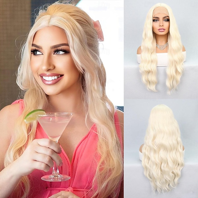  Synthetic Lace Wig Bouncy Curl Style 26 inch White Middle Part 13x4x1 T Part Lace Front Wig Women Wig Creamy-white