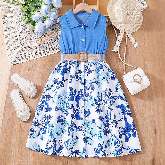  Kids Girls' Dress Floral Sleeveless Casual Fashion Daily Polyester Knee-length Summer 7-13 Years Blue