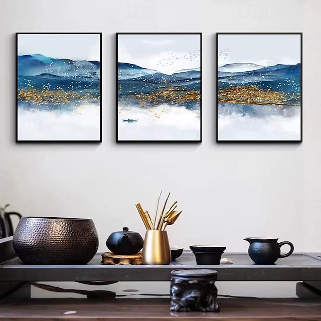  Handmade 3 Panels Blue And Golden Mountain Landscape Wall Art Painting Modern Abstract Handpainted Picture Art Vintage Home Decor Canvas Paintings (No Frame)