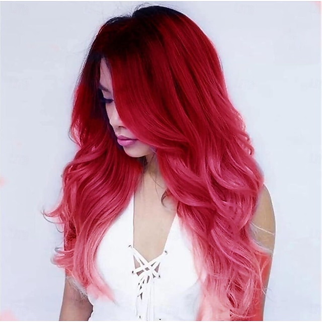  Pelucas largas y rizadas onduladas de color rojo y rosa para mujer, peluca sintética natural de parte media para fiesta diaria, cosplay de halloween con gorro de peluca de 21 pulgadas