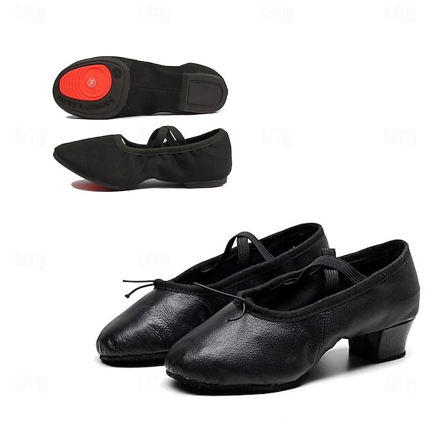  Zapatos de ballet de tacón grueso para mujer + zapatos planos, conjunto de 2 pares de zapatos de salón, entrenamiento, práctica de rendimiento, tacón grueso, banda elástica sin cordones
