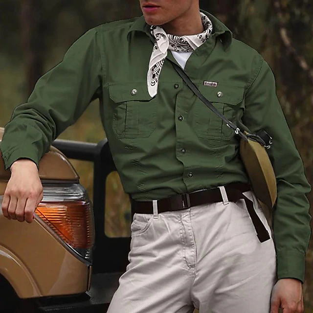 Men's Shirt Button Up Shirt Work Shirt Cargo Shirt Black White khaki Army Green Long Sleeve Plain Lapel Hawaiian Vacation Pocket Clothing Apparel Fashion Casual Comfortable 7
