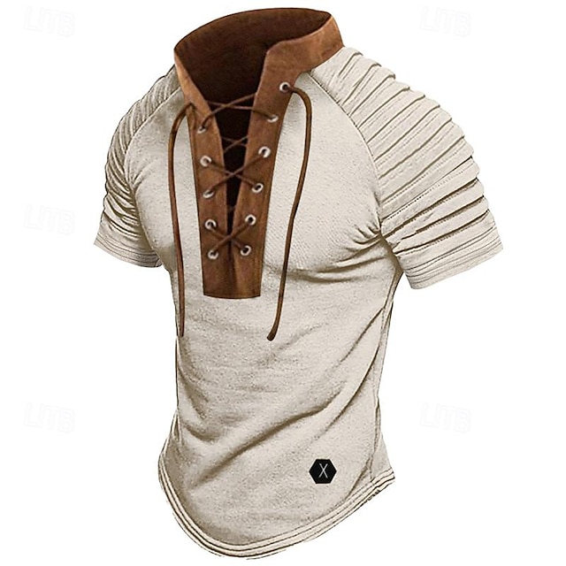  男性用 ヘンリーシャツ 半袖シャツ ティートップ 純色 ヘンリー アウトドア ストリート ボタン 衣類 日常 ハワイアン