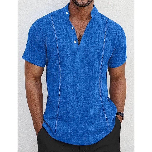  Pánské Košile plátěná košile Košile Guayabera Popover košile Letní košile Plážová košile Bílá Námořnická modř Vodní modrá Krátký rukáv Bez vzoru Límeček Léto Ležérní Denní Oblečení