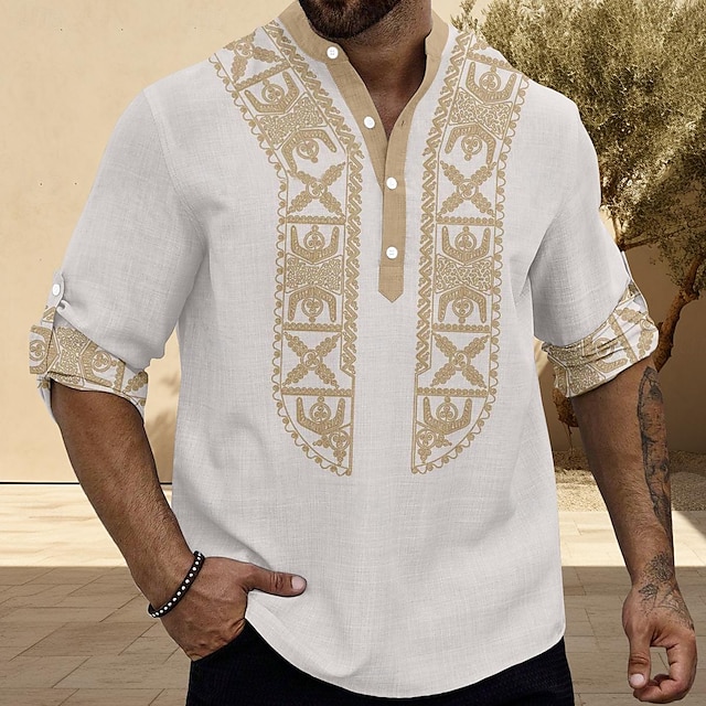  Men's Casual Shirt Linen Shirt Causal Vacation Summer Spring & Fall Stand Collar Long Sleeve Beige S, M, L Polyester Shirt