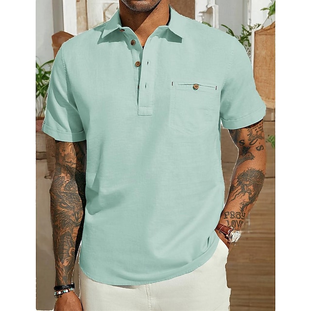  Men's Shirt Linen Shirt Popover Shirt Summer Shirt Beach Shirt Black White Light Green Short Sleeve Solid Color Collar Summer Spring Casual Daily Clothing Apparel