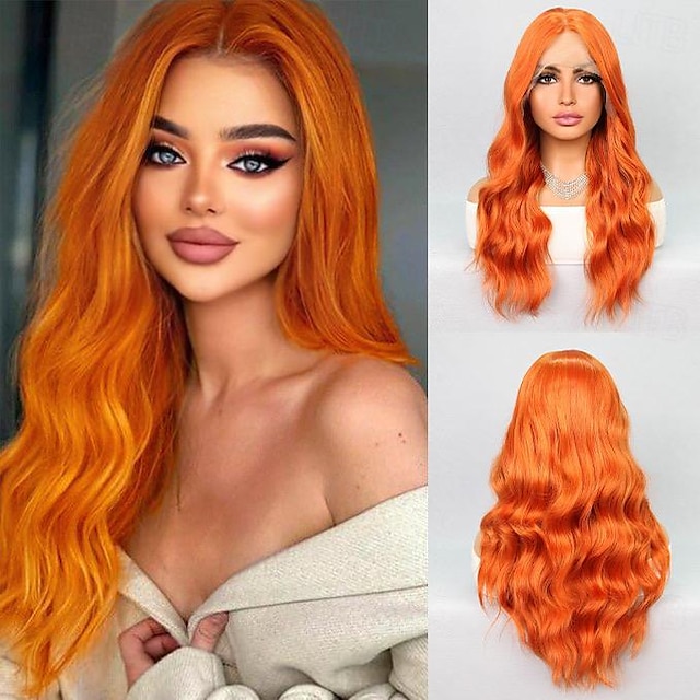  Syntetisk blonderparyk Naturligt, bølget hår Stil 22 inch Orange Mellemdel 4X13 Lukning Paryk Dame Paryk Orange