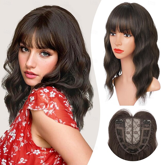  Hair Toppers for Women 16'' Wavy Topper Hair with Bangs for Thinning Hair Synthetic Topper Bangs Hair Clip Invisible Topper Hair Extension for Daily Use