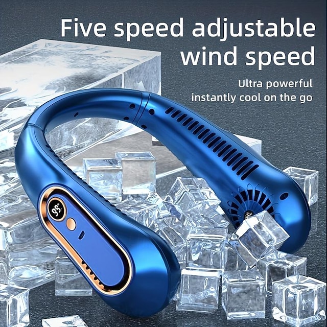  Bladeless Hanging Neck Fan with 5 Speeds and Digital Display - Portable USB Cooler for Outdoor Use with Super Strong Technology