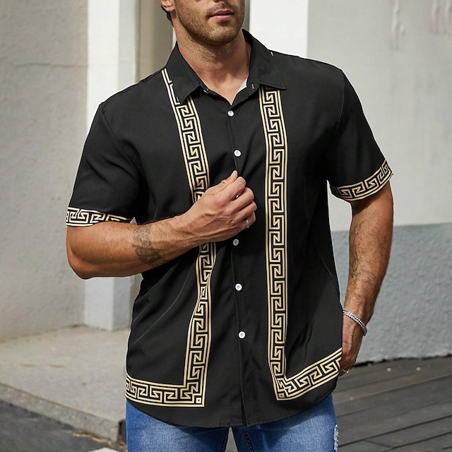  Casual Men's Printed Shirts Outdoor Daily Summer Turndown Short Sleeve Black S, M, L Polyester Shirt