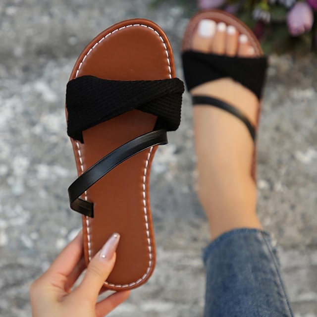  Dames Platte schoenen Slippers Boho Strand slippers Dagelijks Platte hak Open teen Comfortabel minimalisme Wandelen PU Leegloper Zwart Khaki